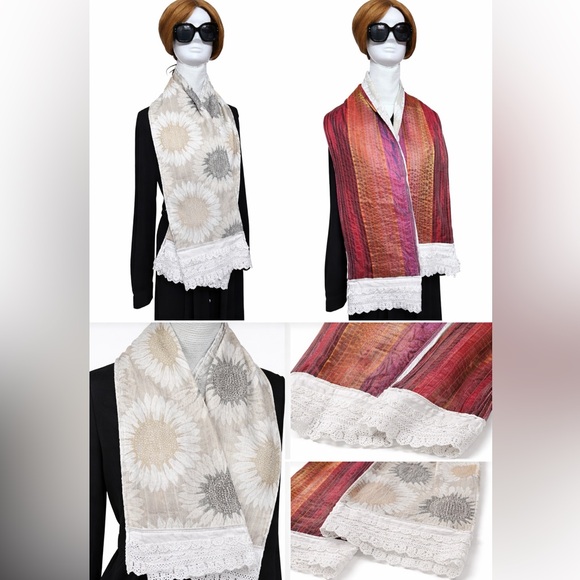 Artisan Reversible Handmade Scarf Lace Trim Sunflower + Red Gold Boho Wrap